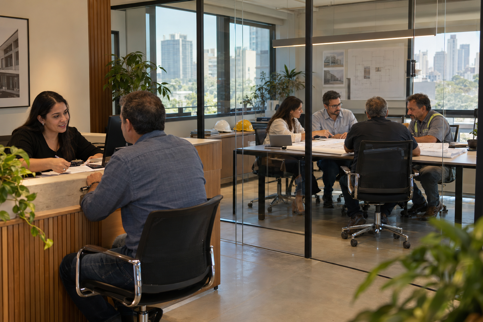 Cena ilustrativa de atendimento e reunião de profissionais em escritório com sala de vidro
